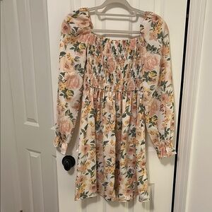 Long Sleeve Smocked Floral Dress - Cream, Peach Pink, Yellow & Green sz S